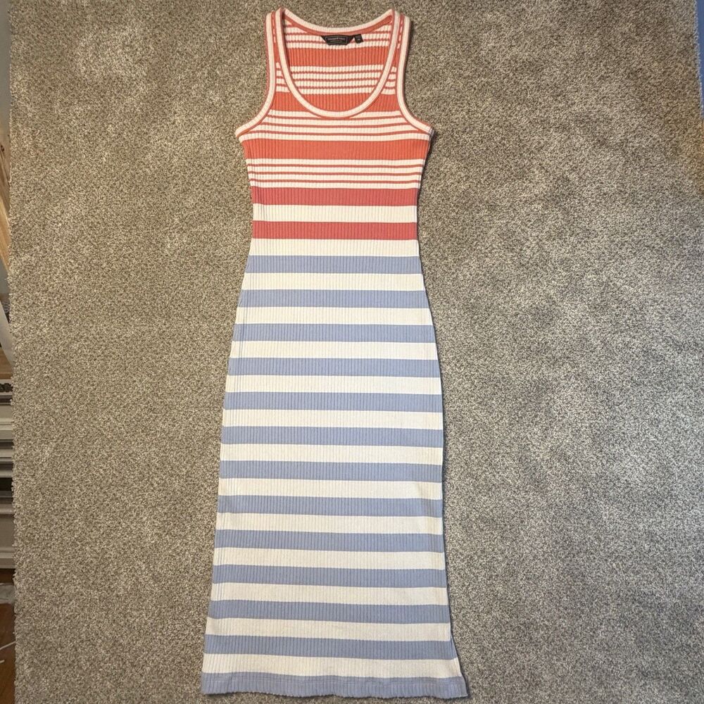 Vineyard Vines Striped Ribbed Tank Dress XS Womens Coral Blue Midi Bodycon Knit